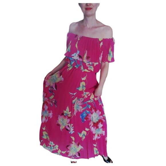 Maxi dress long gown pink floral open shoulders magenta tropical pleated size 8 - Picture 1 of 8